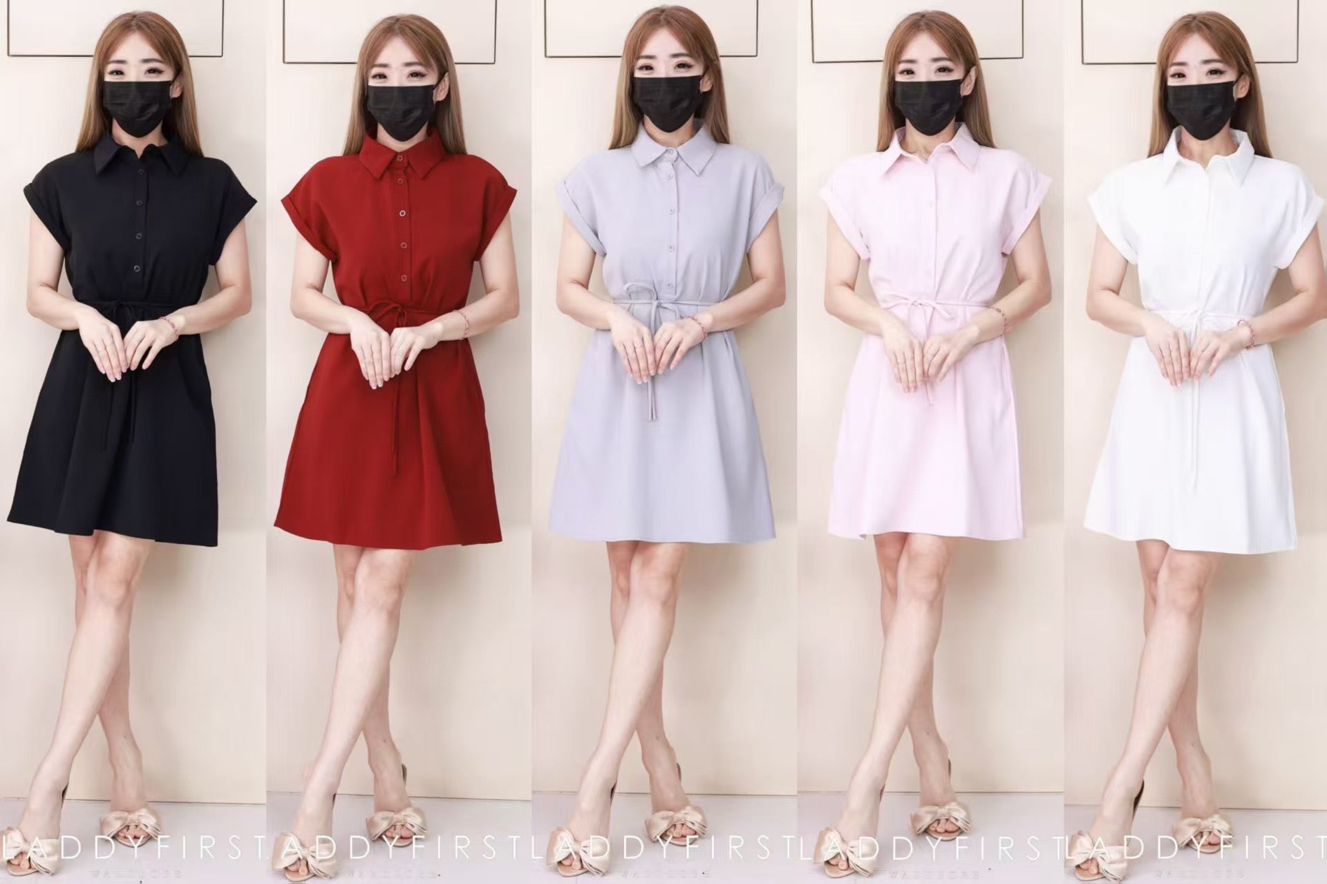 【D1783】独家爆款高品质翻领短袖收腰自绑细带西装垂感慵懒休闲风连身裙子，有口袋 ❤️❤️【A-R2-C1】