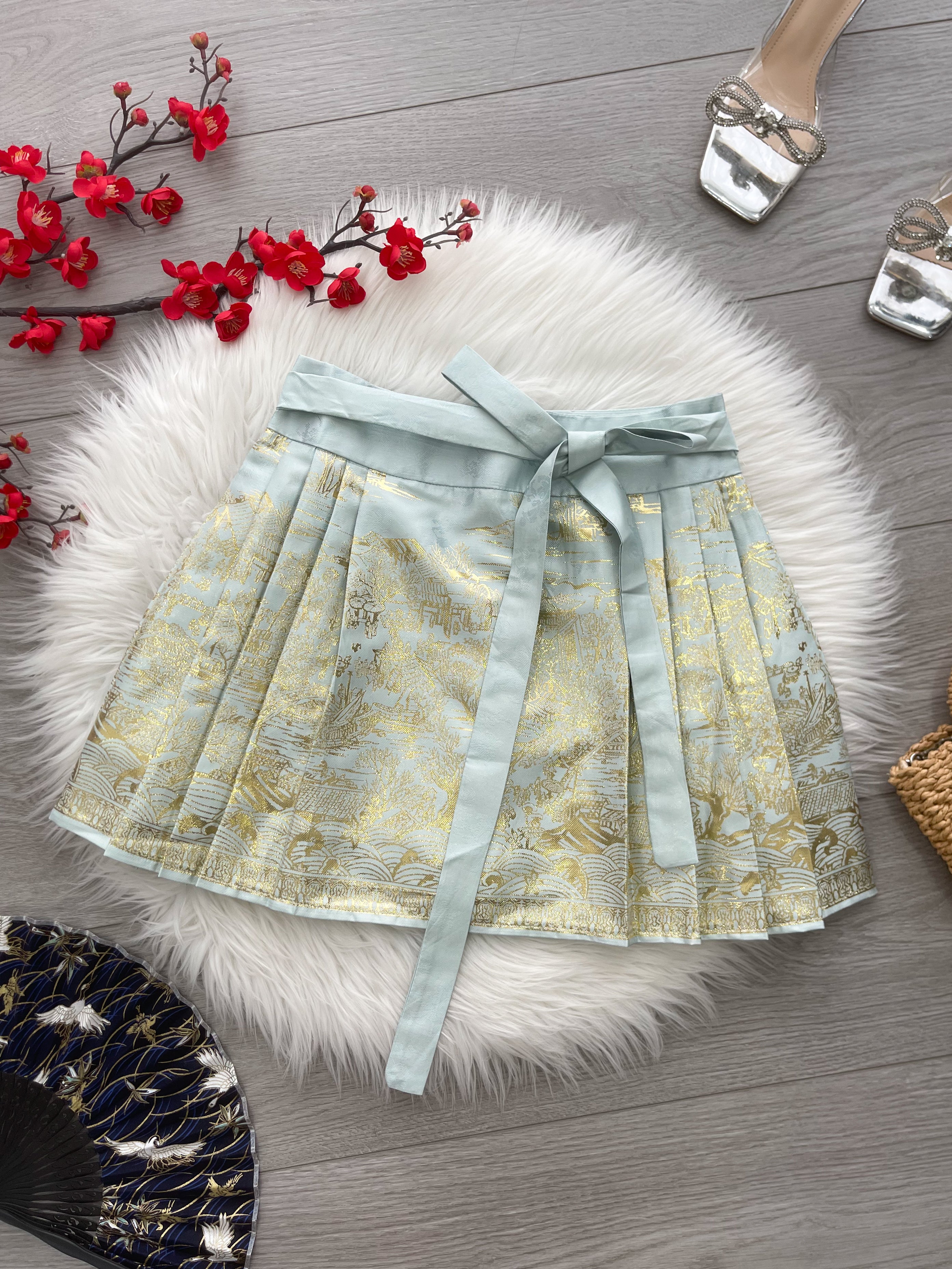 【S2649】高品质新中式国风织金沙刺绣百褶马面裙子，内层有里布短裤 ❤️❤️