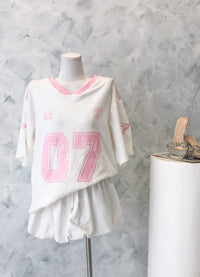 【T110906】高品质V领拼色07运动风纯棉弹力Oversized 日常休闲上衣 ❤❤ 【A-R3-C1】