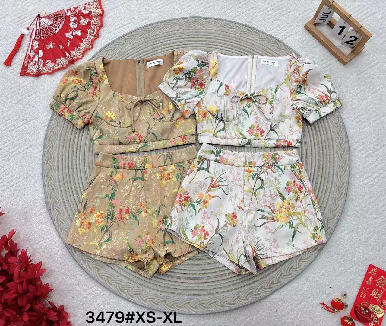 【SS3479】巨推款 !【LFW独家小圆饼】高品质碎花提花时尚旗袍套装 砖石领口短袖提花上衣➕提花高腰百搭短裤，有口袋 ❤️❤️