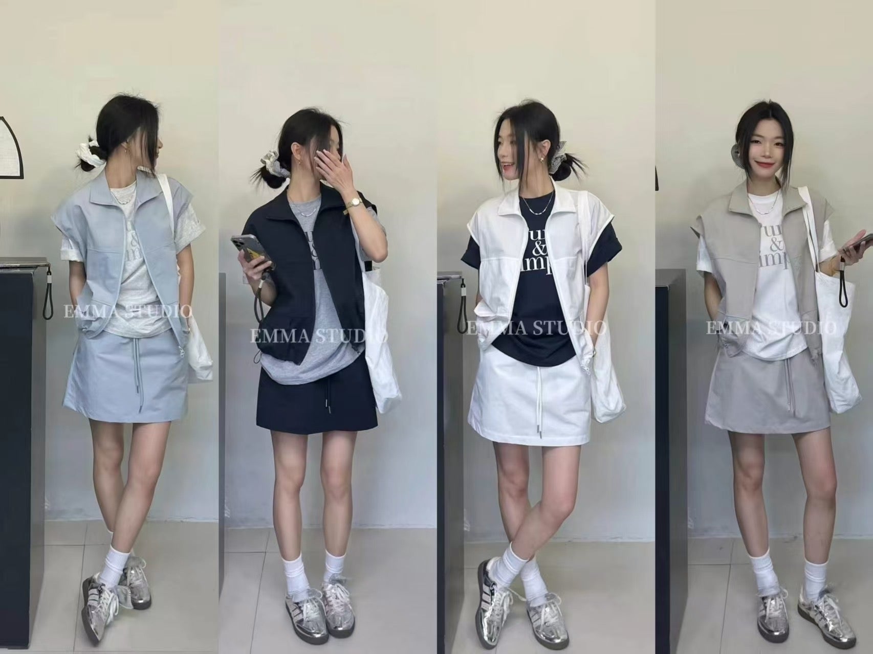 【SS5857】高品质夏日尼龙三件套 ❤️  短袖字母T➕外套➕弹力裤裙 有口袋 ❤️