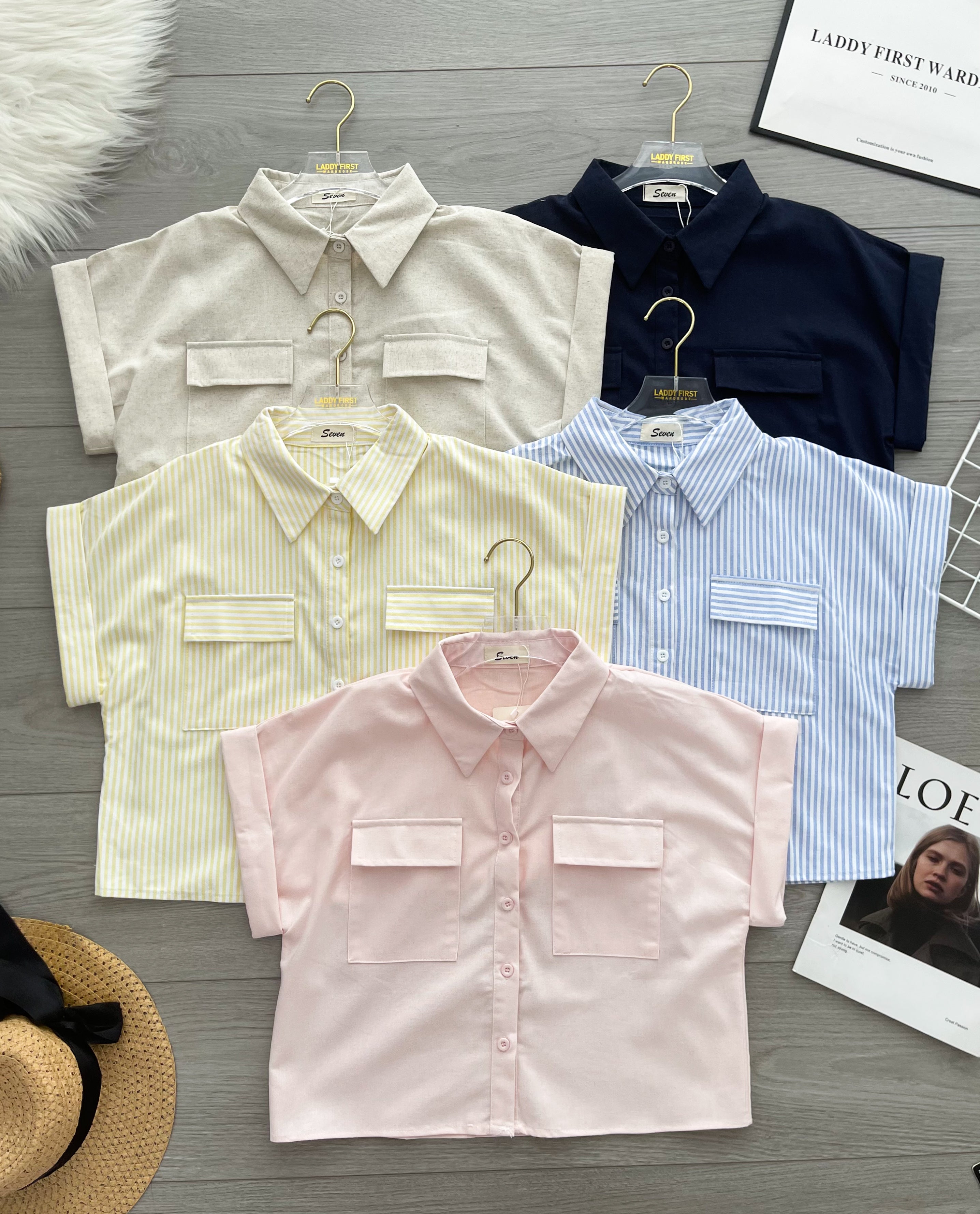 【T82600】高品质polo翻领宽松版棉麻衬衫短袖简约百搭上衣，有口袋 ❤❤