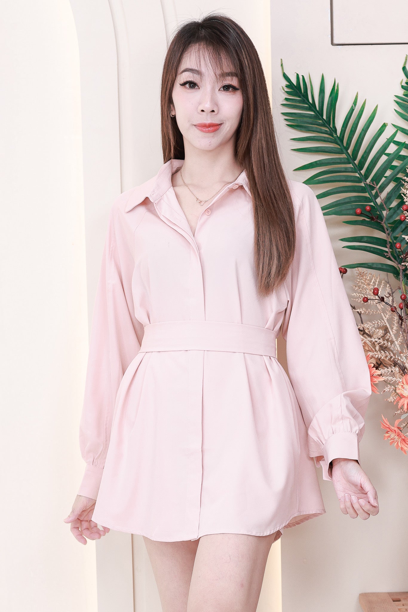 【SS16036】两件式法式高级感宽松衬衫套装 翻领长袖衬衫上衣，绑带收腰腰带➕高腰百搭短裤，后副伸缩弹力，有口袋 ❤️❤️ 【E-R2-C3】