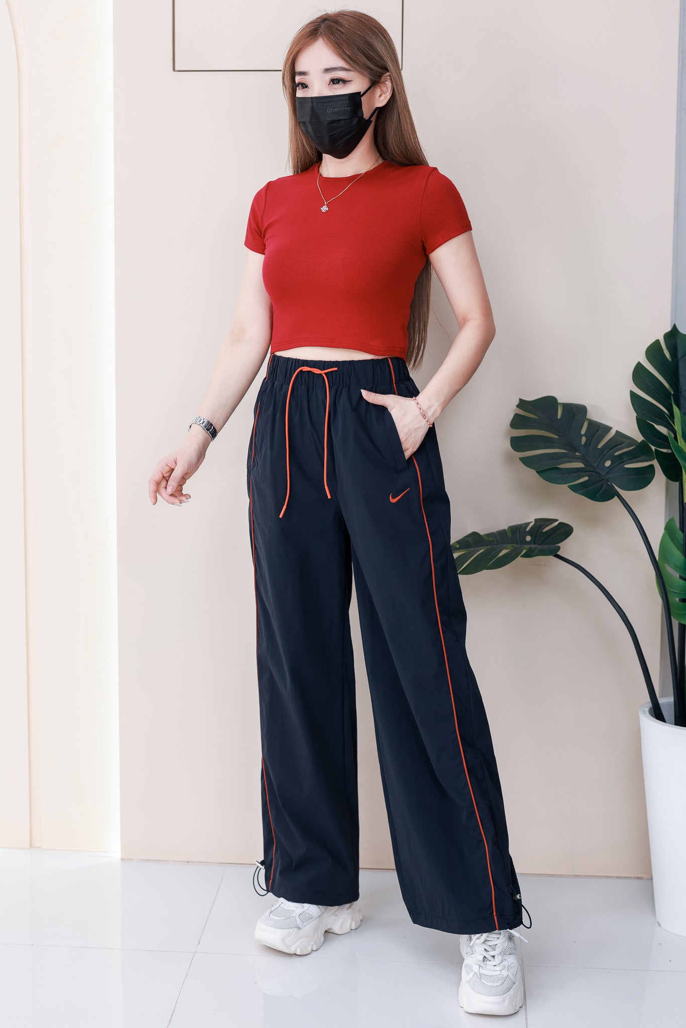 【L66528】高品质刺绣字母松紧腰弹力气质工装运时尚长裤，有口袋 ❤️❤️【A-R2-C1】