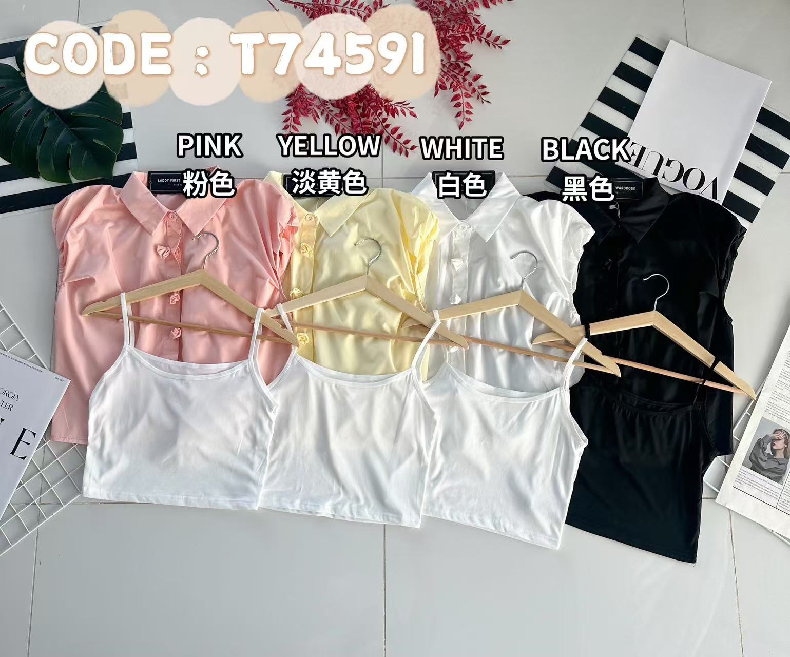 【T74591】高品质韩式飞袖排扣玫瑰扭设计宽松衬衫上衣 ❤❤ 【B-R1-C2】