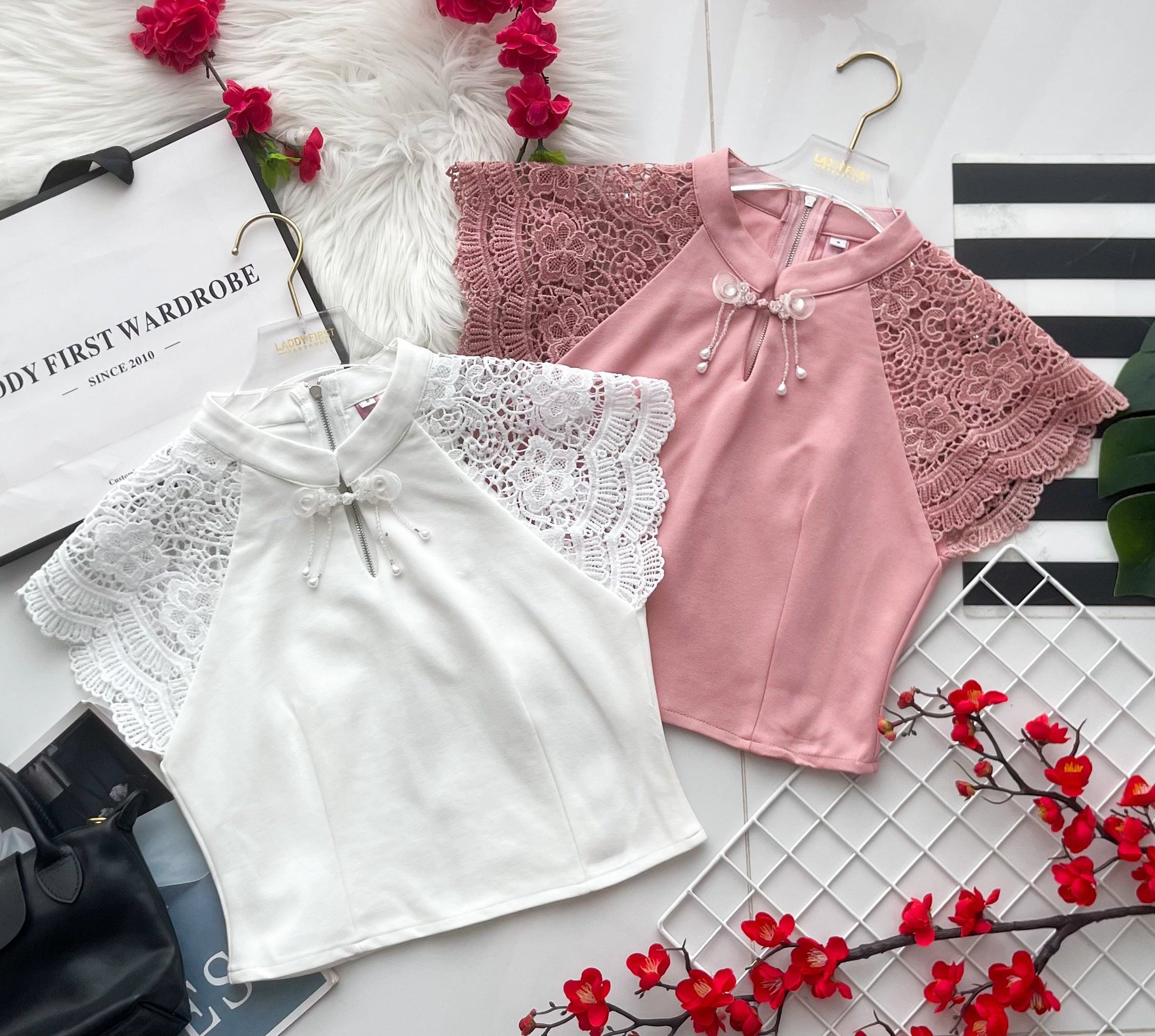 【T6936】高品质罗马拼接水溶蕾丝袖子旗袍上衣 ❤❤