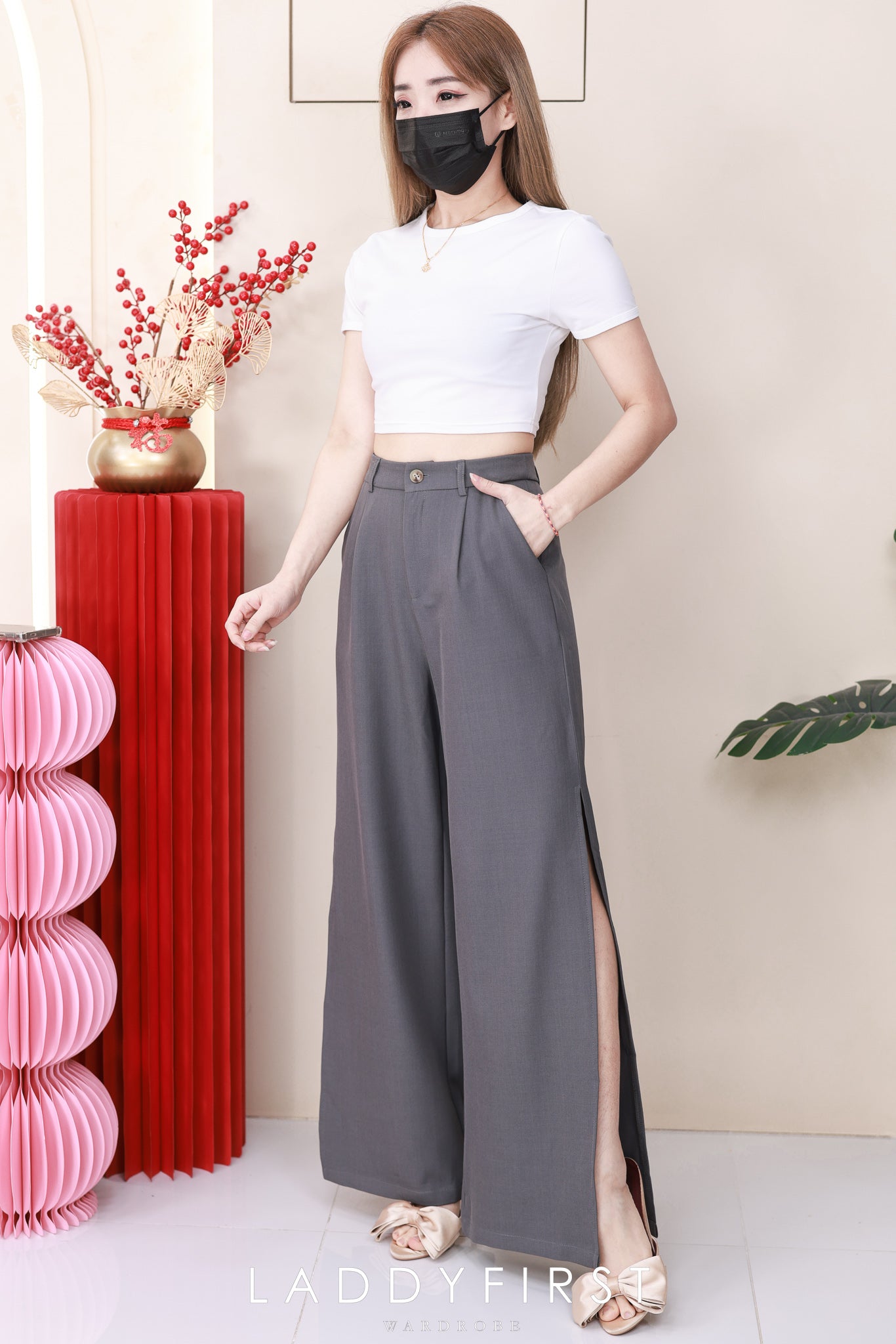 【L6218 / 16996】高品质复古西装两侧开叉设计阔脚高腰百搭长裤，有口袋 ❤️❤️