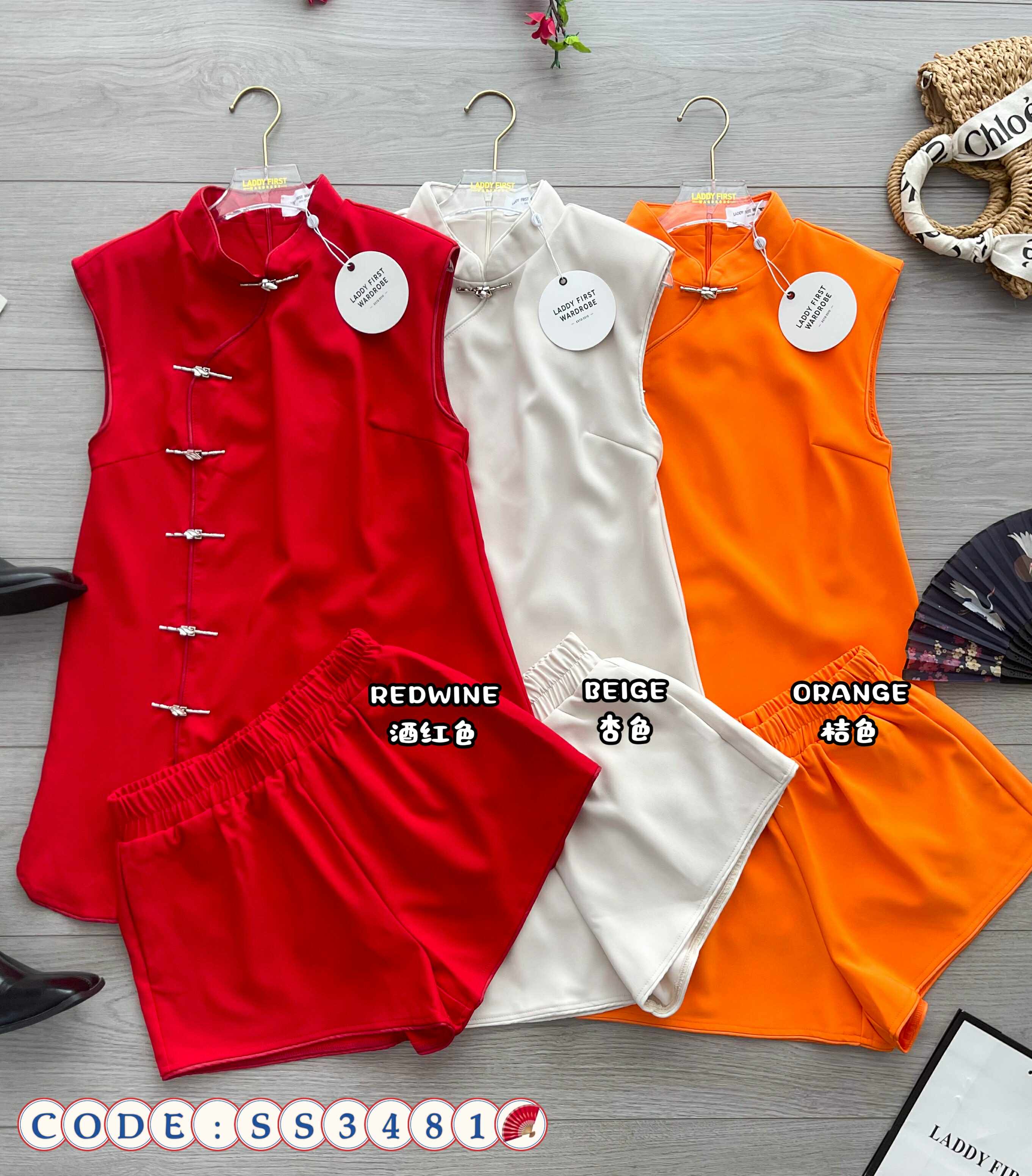 【SS3481】【LFW独家小圆饼】高品质两件式减龄洋气时尚新中式国风西装旗袍套装 排盘扣无袖旗袍连衣裙➕松紧腰弹力高腰百搭短裤，有口袋 ❤️❤️