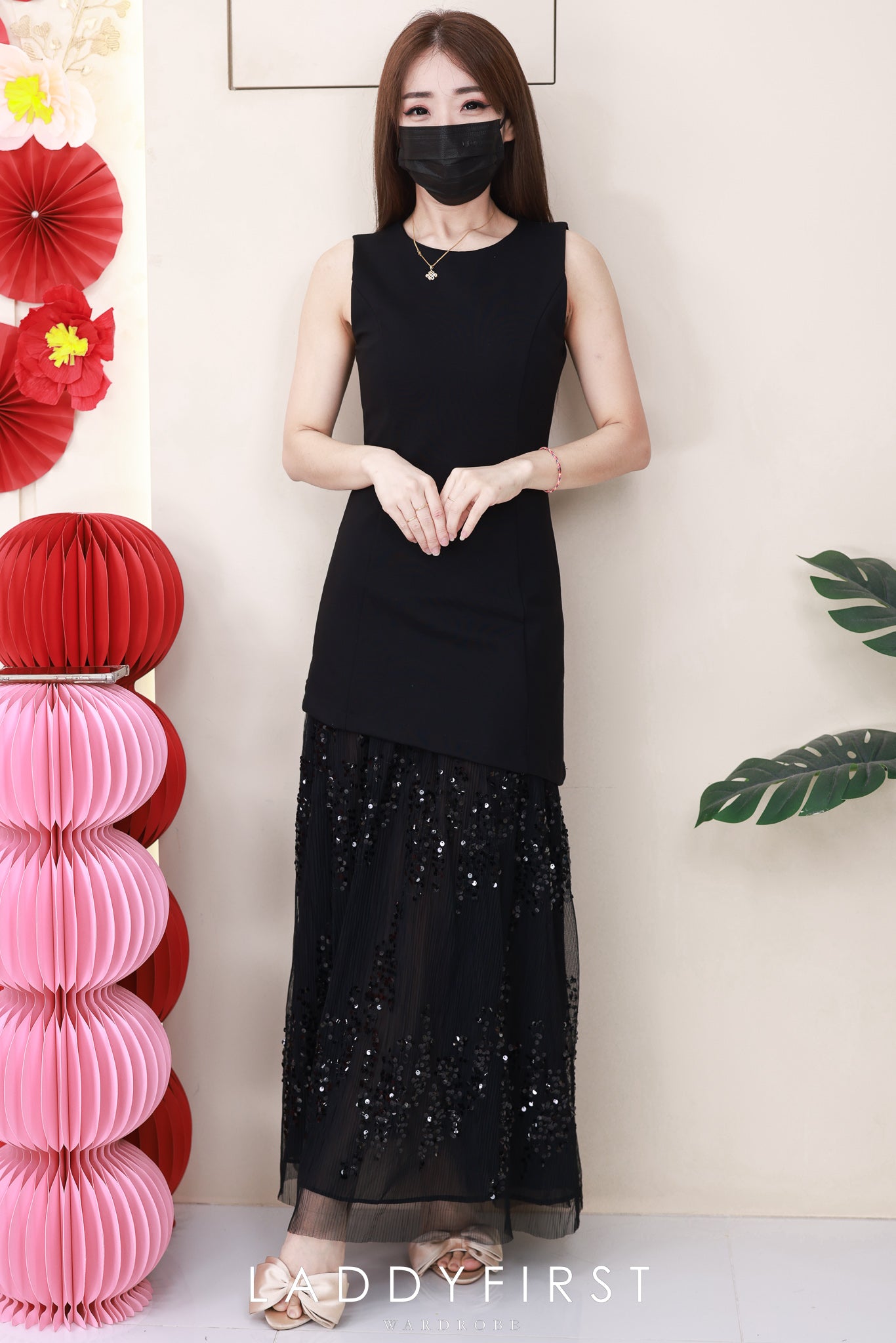 【D2809】高品质轻奢名媛风罗马拼接网纱珠片连身长裙 ❤❤【A-R1-C3】