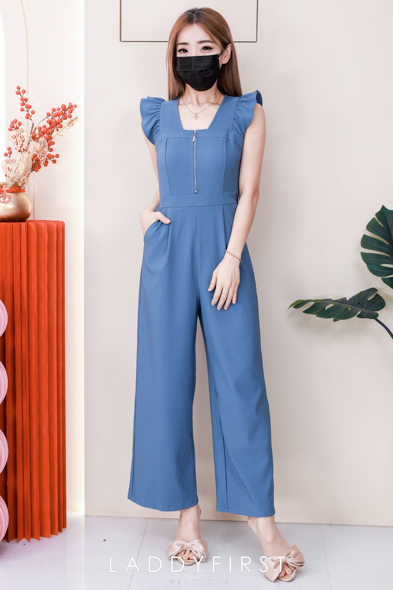 【D22580】高品质无袖荷叶边简约款西装连身长裤，有口袋 ❤❤【B-RU】