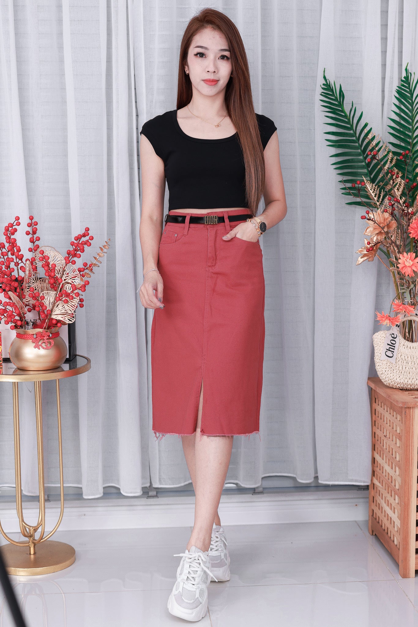 【L765】高品质COTTON JEANS牛仔弹力韩版七分高腰开叉裙子，有口袋 ❤️❤️