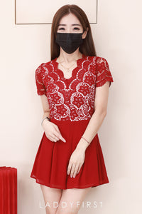 【D8229621】【LFW独家小圆饼】高品质V领水溶蕾丝拼接雪纺连身短裤，内层有里布短裤 ❤️❤️ 【C-R1-C4】