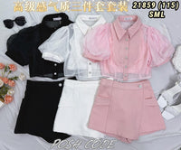 【SS21859 / 65462】高品质气质感韩式三件式套装 翻领泡泡袖雪纺上衣➕肩带内搭上衣➕高腰百搭裤裙，有口袋 ❤️❤️ 【A-R1-C1】