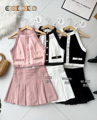 【SS3526】🧧 宠粉福利回馈 🧧【LFW独家小圆饼】高品质两件式韩系气质小香风时尚减龄套装 小香风纽扣点缀CUT IN无袖伤愈➕减龄百褶高腰裙子，内层有里布短裤 ❤️❤️【E-R1-C3】
