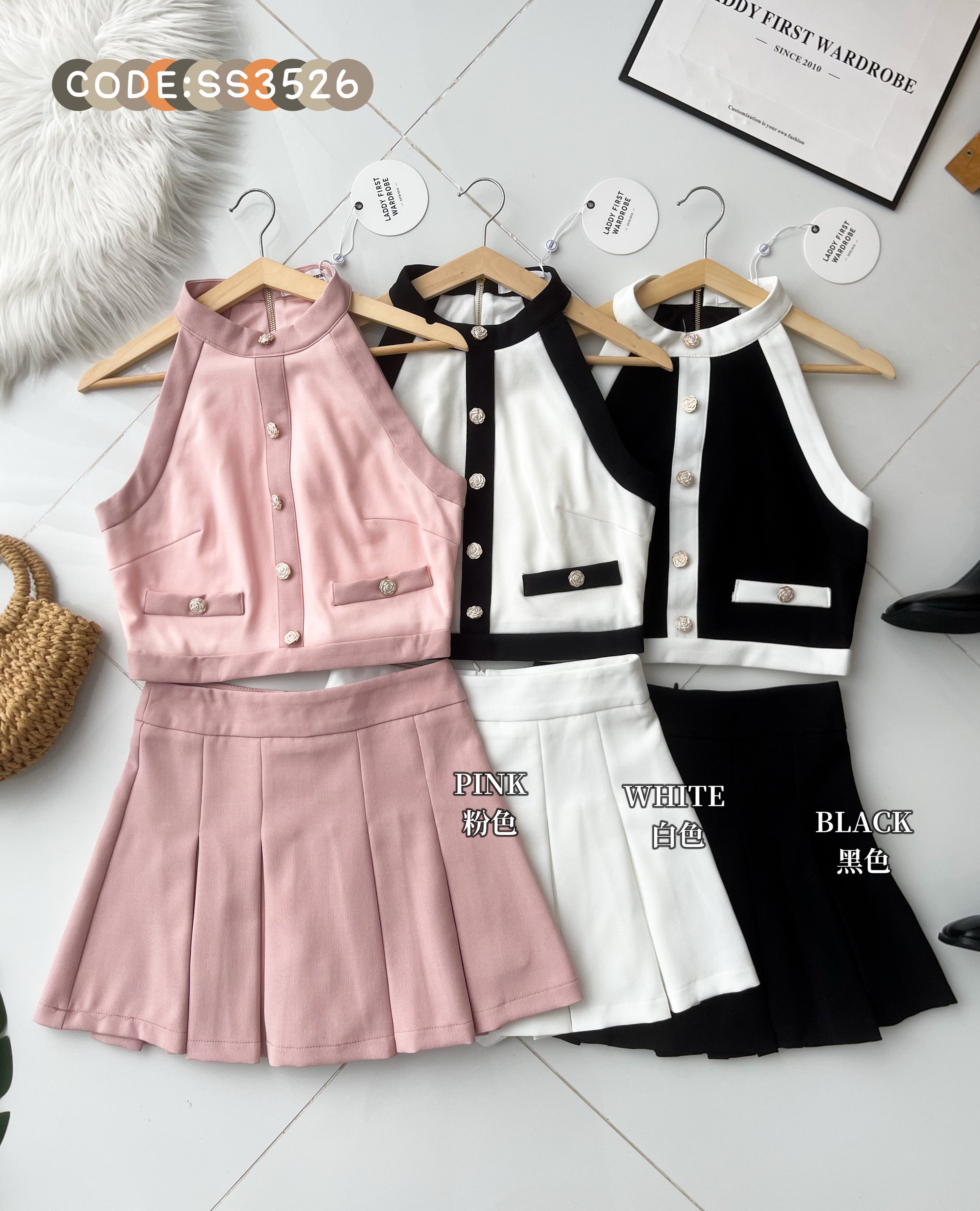 【SS3526】🧧 宠粉福利回馈 🧧【LFW独家小圆饼】高品质两件式韩系气质小香风时尚减龄套装 小香风纽扣点缀CUT IN无袖伤愈➕减龄百褶高腰裙子，内层有里布短裤 ❤️❤️【E-R1-C3】