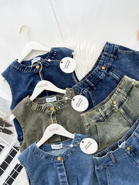 【SS3519】【LFW独家小圆饼】独家爆款高品质两件式牛仔COTTON JEANS时尚气质休闲百搭套装 牛仔无袖上衣➕牛仔高腰百搭短裤，后腰伸缩弹力，有口袋 ❤️❤️