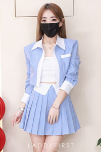 【SS25234】高品质两件式韩式减龄时尚线条套装 翻领长袖短版上衣➕百褶高腰百搭裙子，内层有里布短裤 ❤️❤️ 【C-R1-C4】