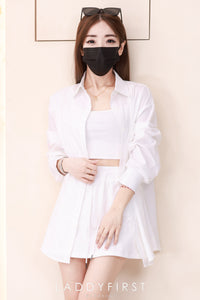 【SS3540】＊高质量套装回馈＊【LFW独家小圆饼】高品质两件式韩式气质感衬衫时尚套装 宽松版翻领长袖衬衫上衣➕卫衣棉松紧腰弹力高腰裙子，内层有里布短裤 ❤️❤️