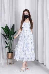 【D7820】V领超仙雪纺荷叶网纱肩带无袖碎花连身裙子，后副伸缩弹力【A-R1-C2】