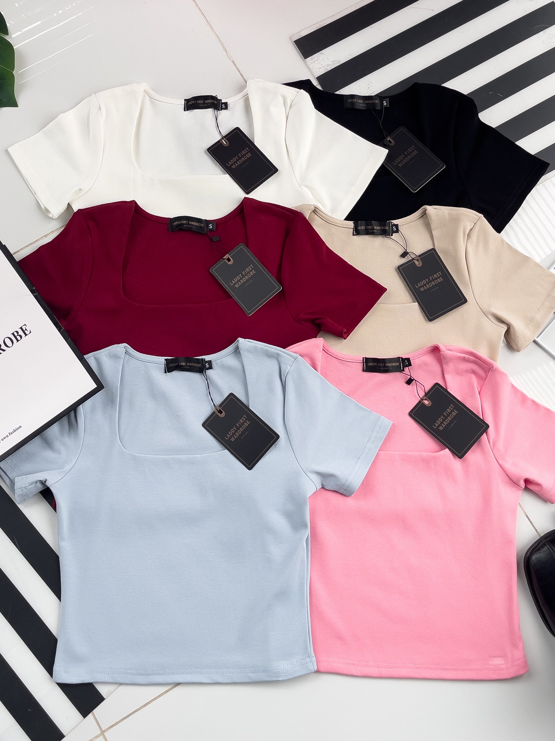 【T50152】LFW独家爆款高品质无痕双层方领短袖纯棉弹力简约日常百搭款上衣 ❤❤ 【A-R1-C3】