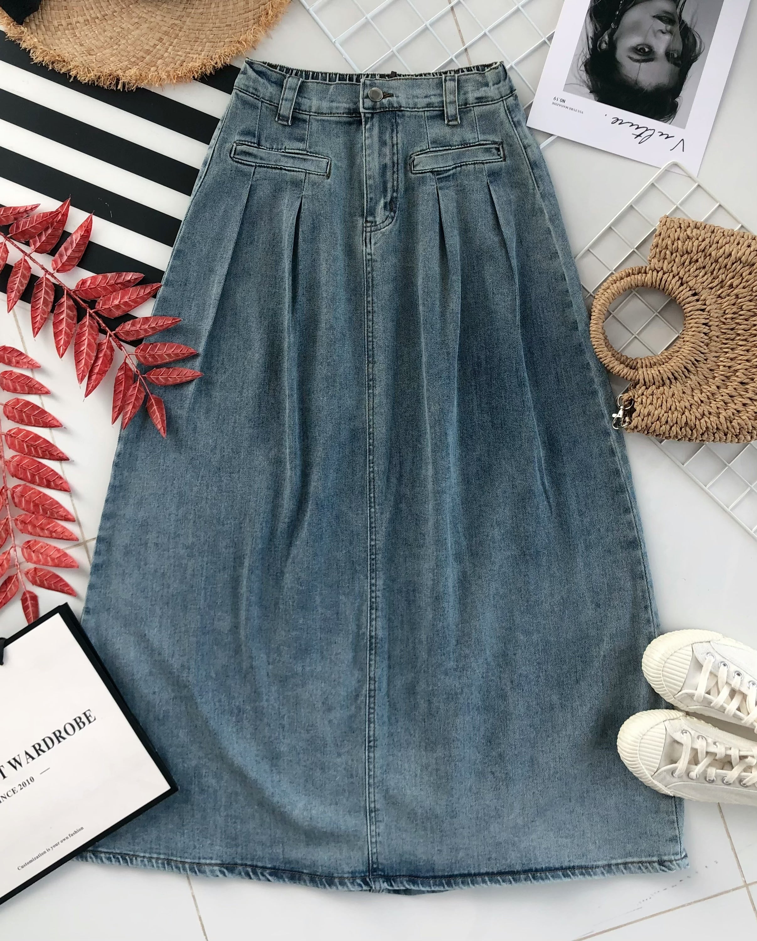 【L7172】高品质韩版百搭休闲简约中长款牛仔长裙，有口袋 ❤️❤️