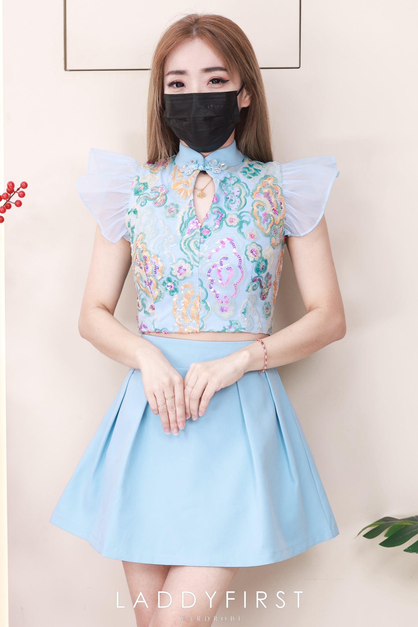 【SS8238811】高品质两件式重工新中式气质旗袍套装 锦棉拼接亮片旗袍上衣➕西装高腰百搭裙子，内层有里布短裤 ❤️❤️【A-R1-C5】