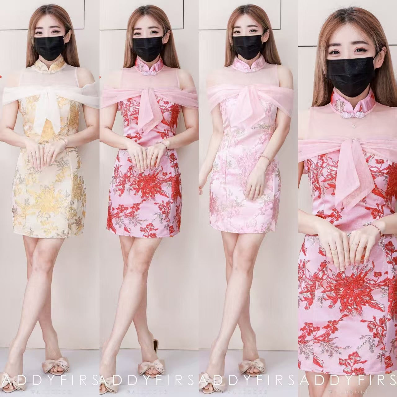 【D81657 / 91318】高品质高端气质拼接网纱蝴蝶结提花旗袍连身裙子 ❤️❤️【A-R2-C6】