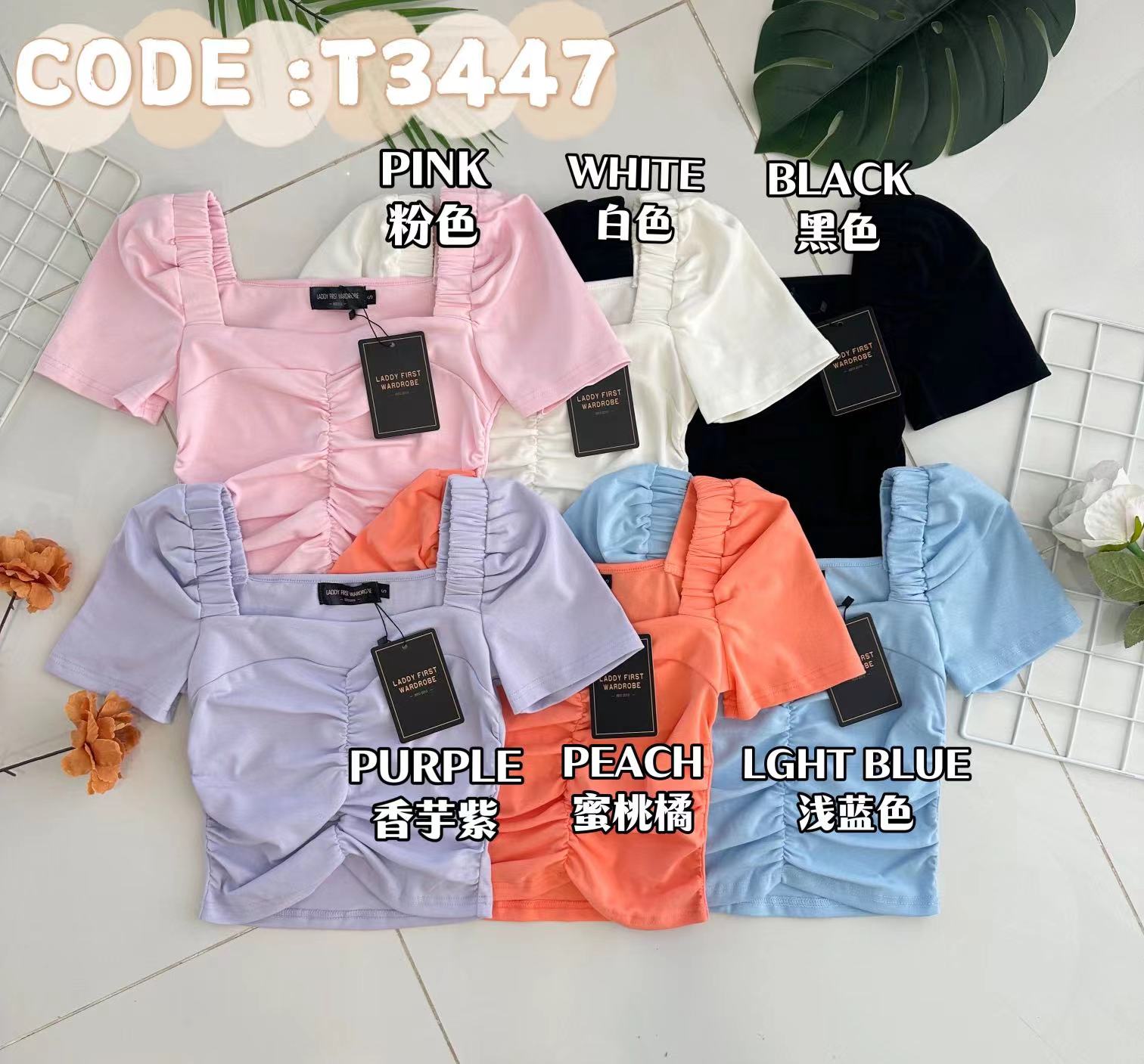 【T3447】独家爆款高品质纯棉弹力方领短袖皱褶设计简约百搭款上衣 ❤❤