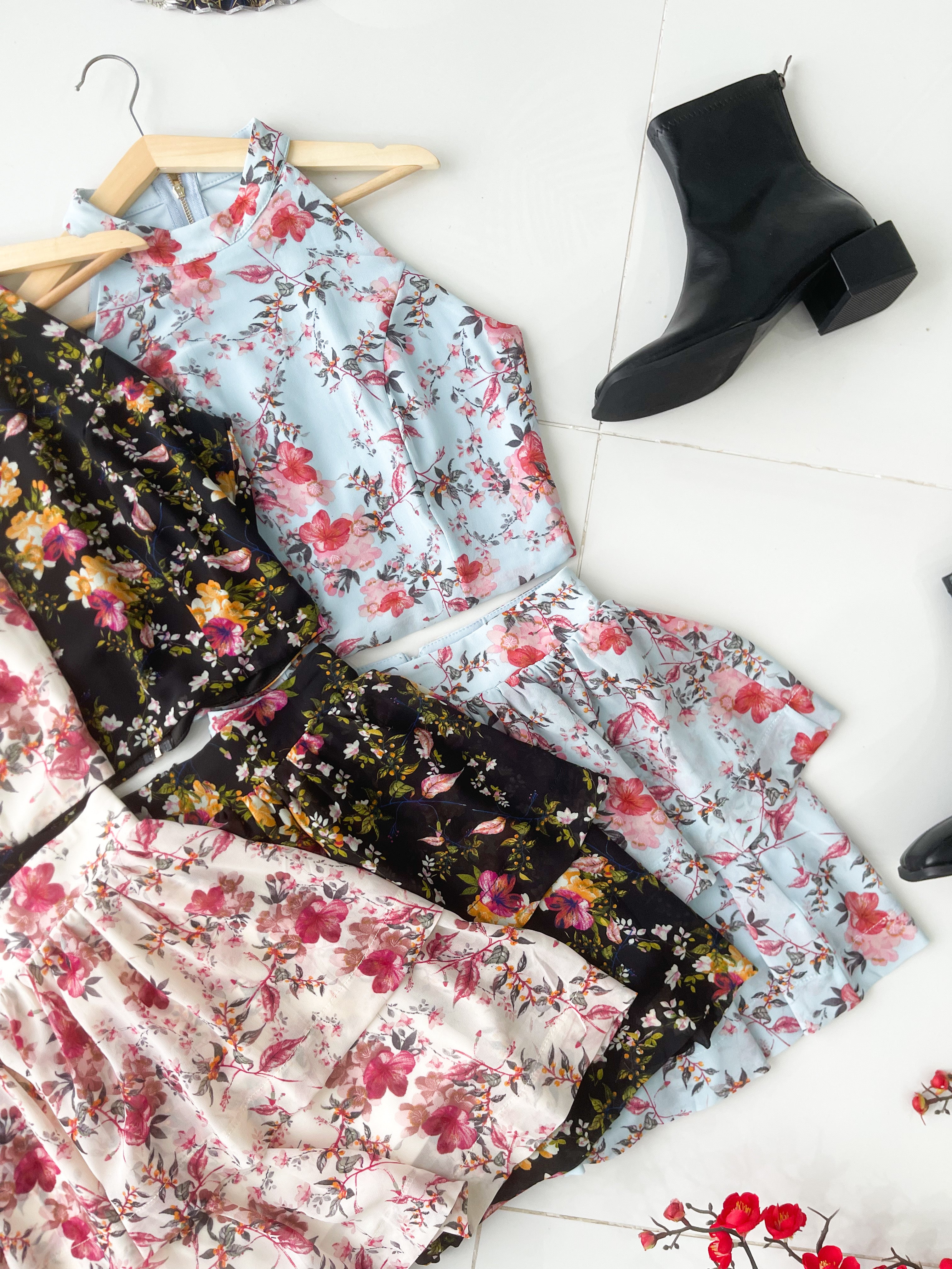 【SS8246831】高品质两件式雪纺碎花套装 雪纺碎花无袖上衣➕雪纺碎花蛋糕裙子，内层有里布短裤 ❤️❤️【B-R1-C5】