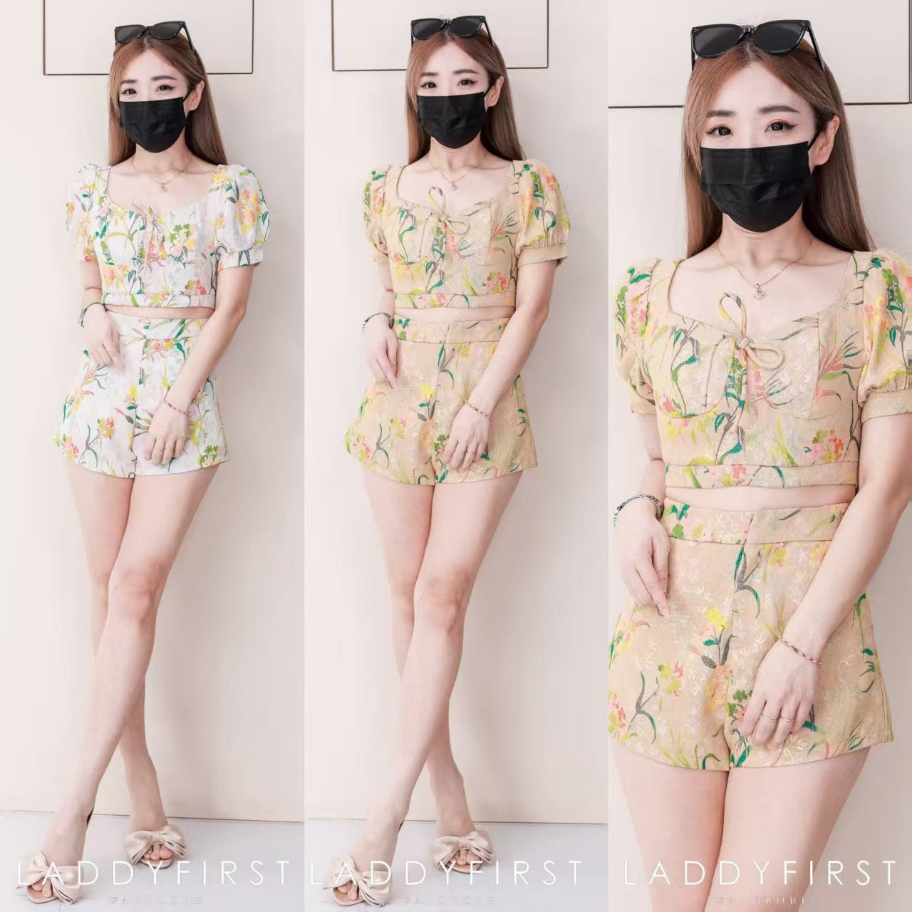【SS3479】巨推款 !【LFW独家小圆饼】高品质碎花提花时尚旗袍套装 砖石领口短袖提花上衣➕提花高腰百搭短裤，有口袋 ❤️❤️