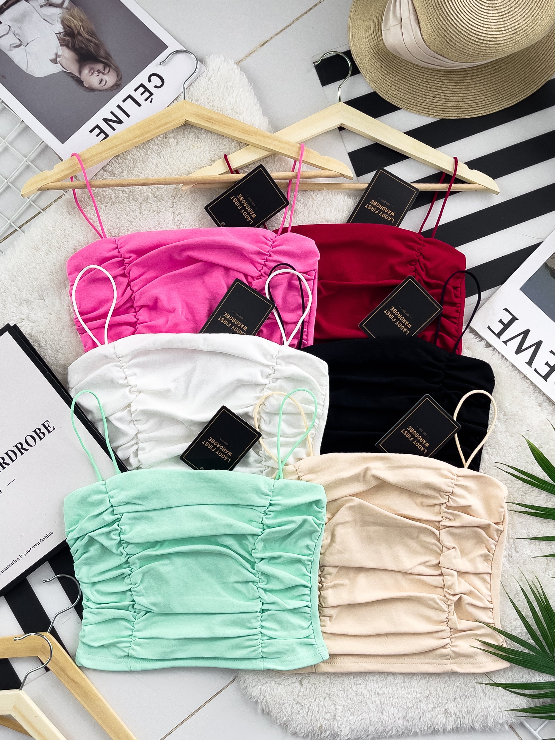 【T3396】方领皱褶显瘦设计细带无袖纯棉弹力内搭上衣 ❤❤【A-R2-C1】