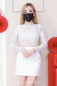 【SS8233221】高品质两件式蕾丝拼接西装时尚套装 扭褶设计蕾丝长袖上衣➕西装A字高腰裙子，内层有里布短裤，有口袋 ❤️❤️【A-R2-C3】