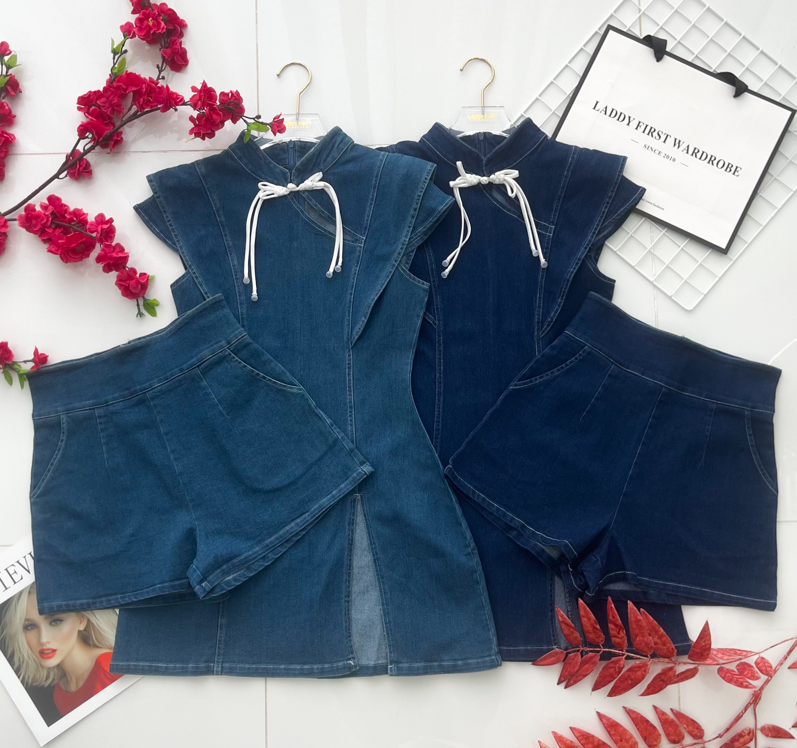 【SS2701】高品质两件式新中式高端极简COTTON JEANS牛仔旗袍套装 旗袍牛仔连衣裙➕牛仔高腰百搭短裤，有口袋 ❤️❤️