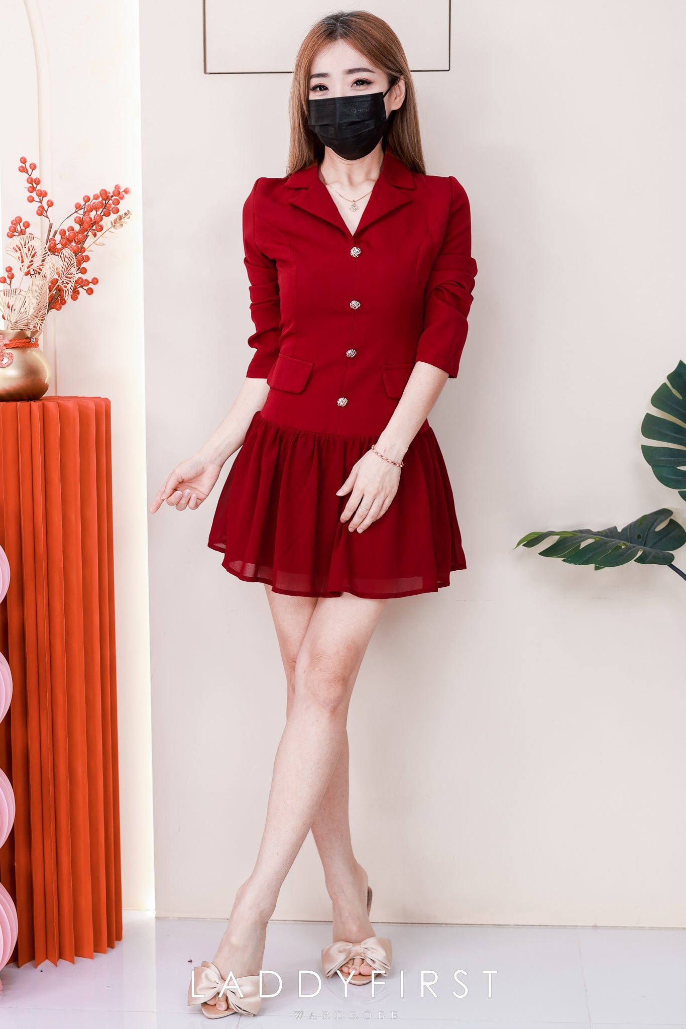 【D81181】高品质韩系御姐风长袖西装拼接雪纺连身裙子 ❤❤【A-R2-C1】