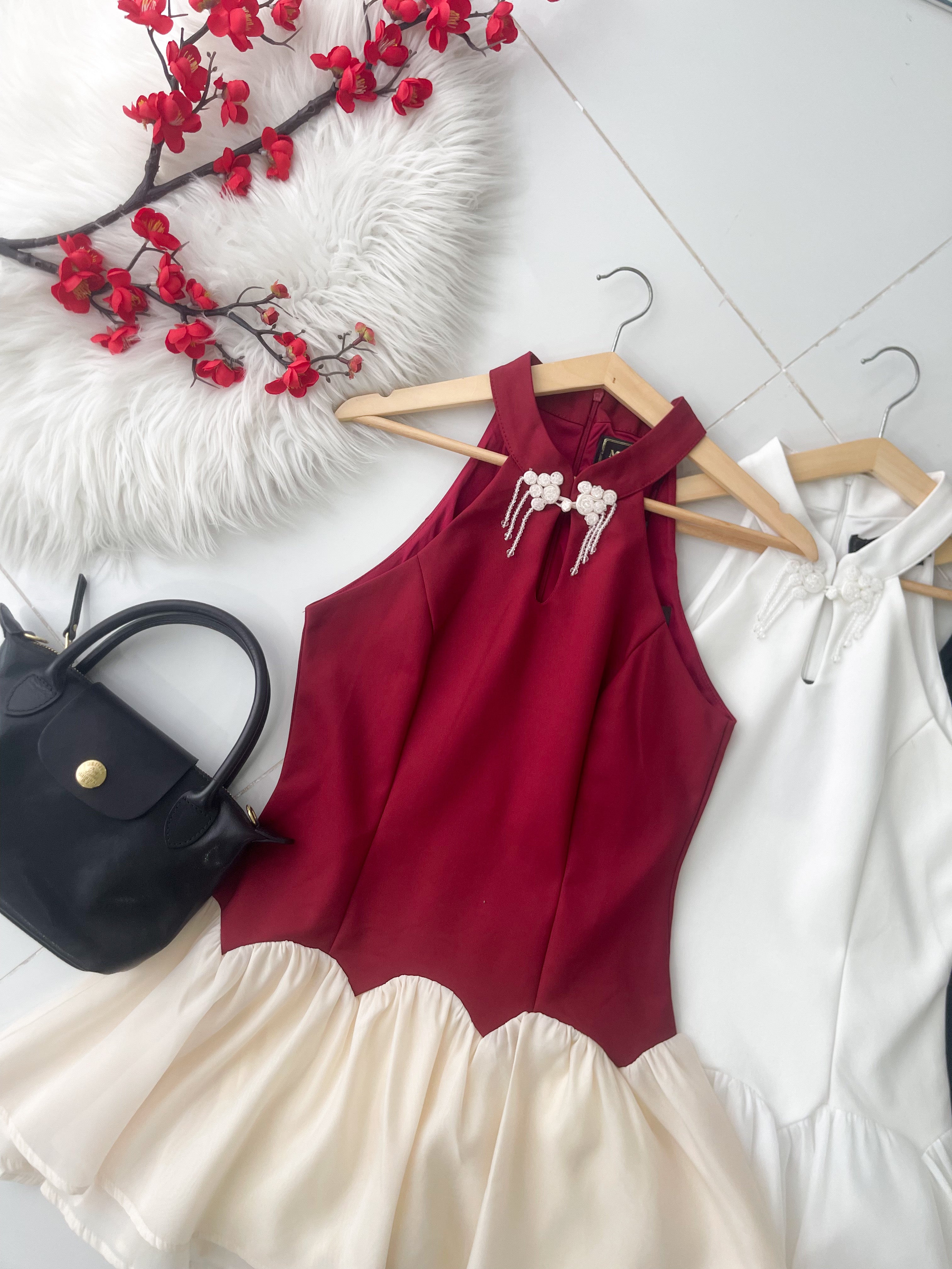 【D77139】高品质精致水晶流苏盘扣设计西装拼接雪纺缝缝旗袍连身裙子，内层有里布短裤 ❤❤【B-R3-C3】