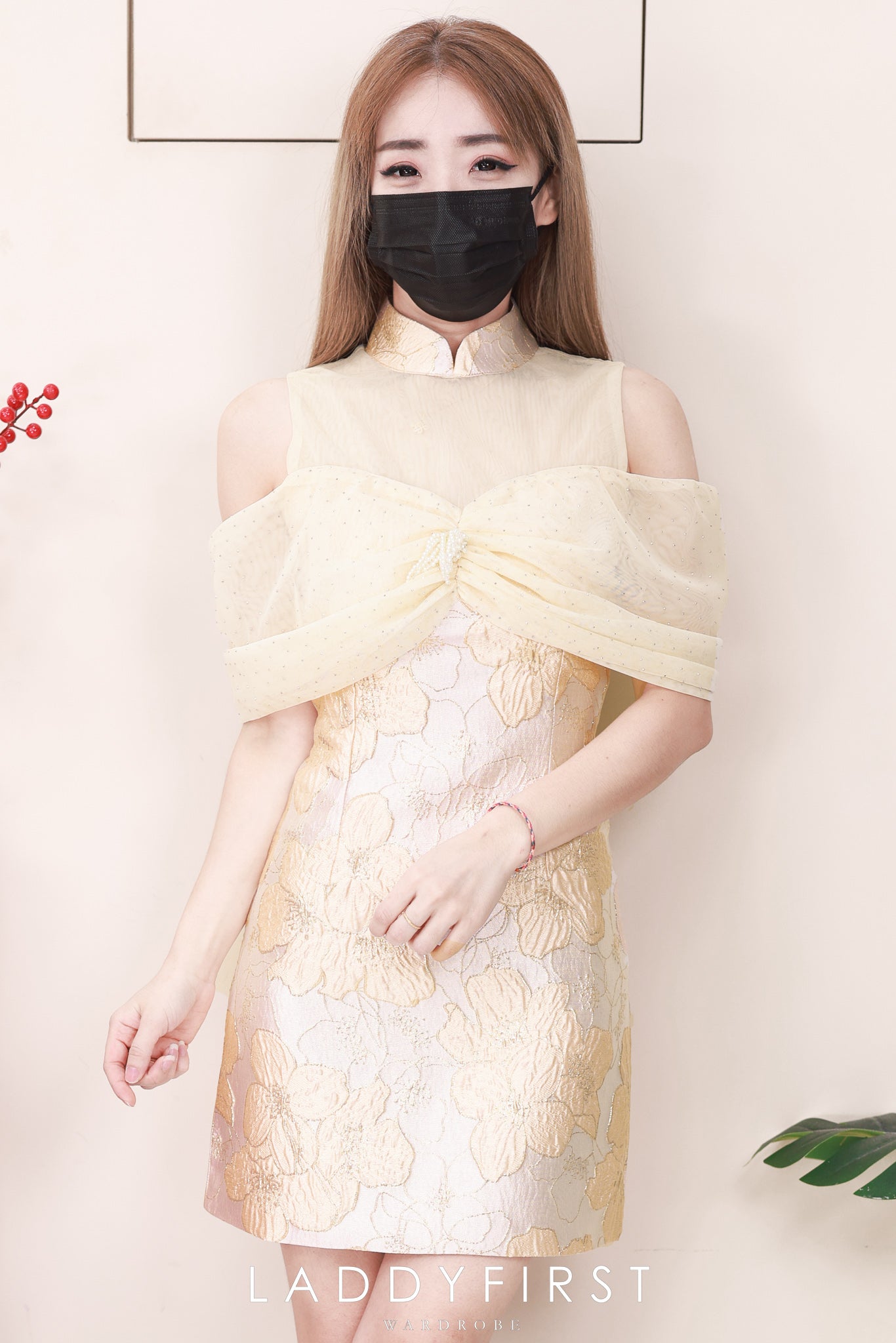 【D8238901】⚡️精选预定款⚡️高品质高端气质拼接网纱蝴蝶结提花旗袍连身裙子 ❤️❤️