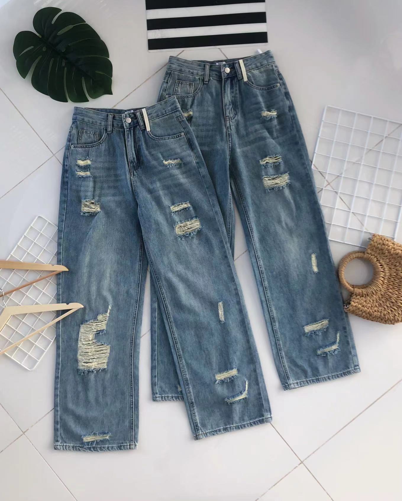 【L50231】高品质牛仔阔脚破洞直筒高腰长裤，有口袋 ❤️❤️