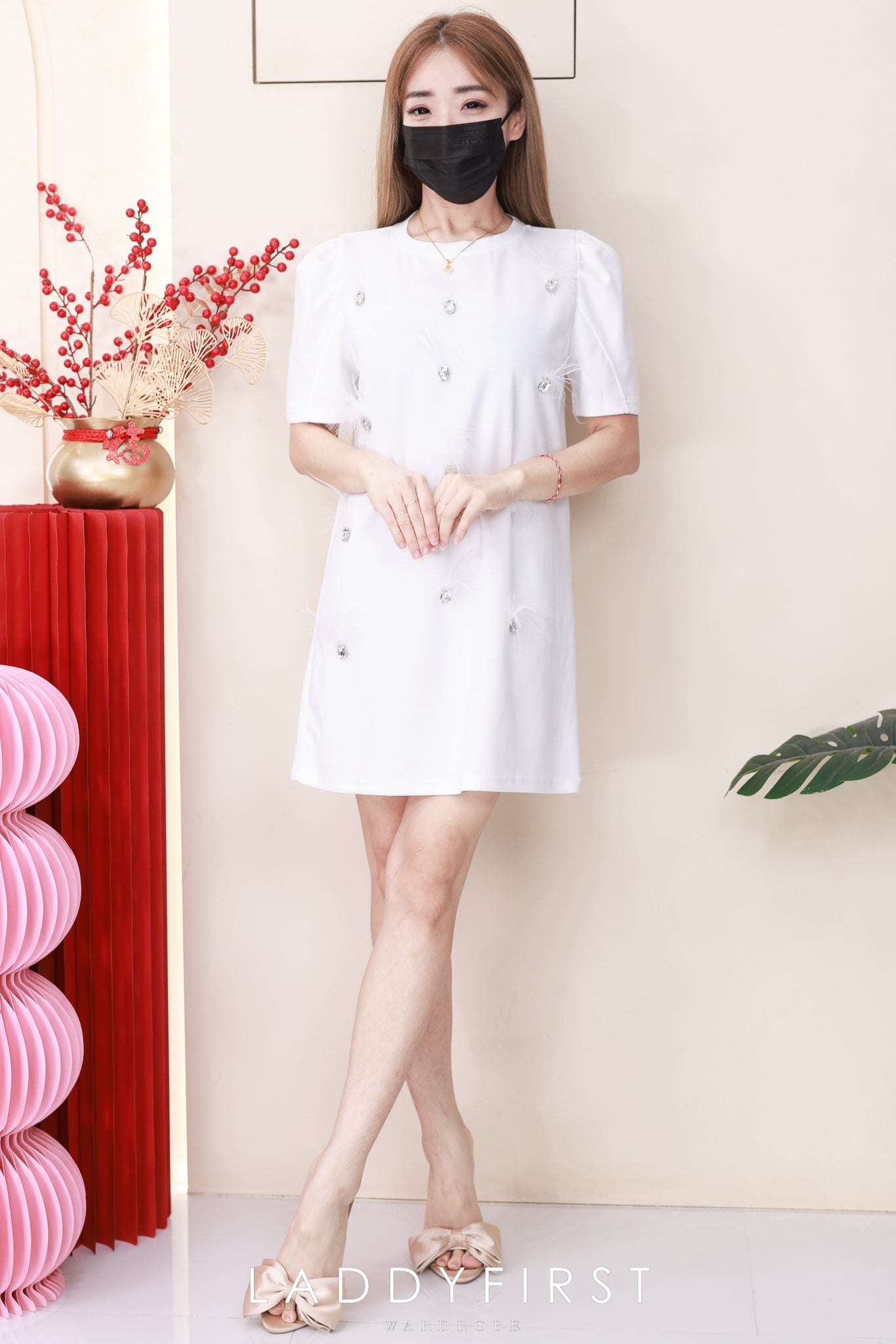 【D8897】高品质贵气感空气棉拼接砖石羽毛连身裙子 ❤❤【B-R1-C2】