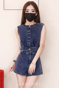 【SS3519】【LFW独家小圆饼】独家爆款高品质两件式牛仔COTTON JEANS时尚气质休闲百搭套装 牛仔无袖上衣➕牛仔高腰百搭短裤，后腰伸缩弹力，有口袋 ❤️❤️