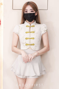 【SS3499】【LFW独家小圆饼】高品质两件式新中式高端国风提花旗袍套装 精致金线盘扣提花旗袍上衣➕荷叶下摆西装高腰百搭裤裙 ❤️❤️【A-R3-C6】