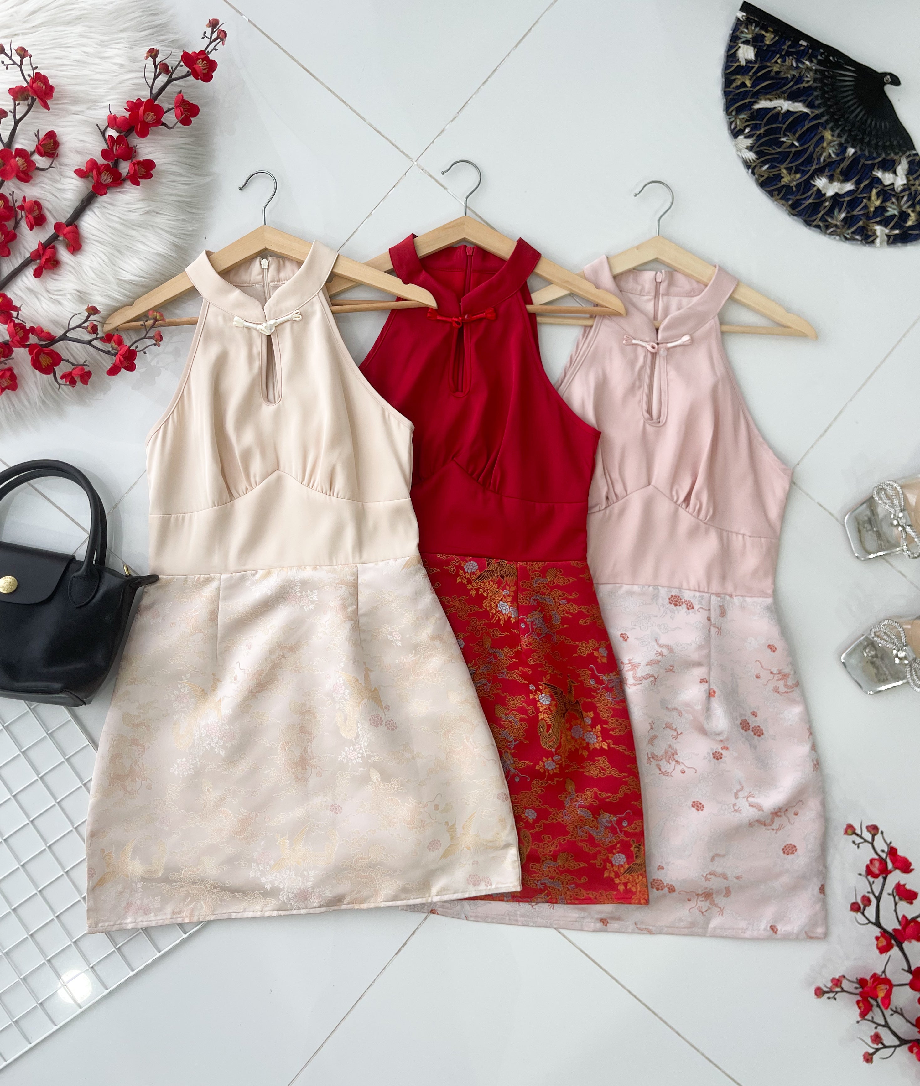 【D81689 / 37610】高品质高端气质缎面拼接提花无袖旗袍连身裙子 ❤❤【B-R1-C5】