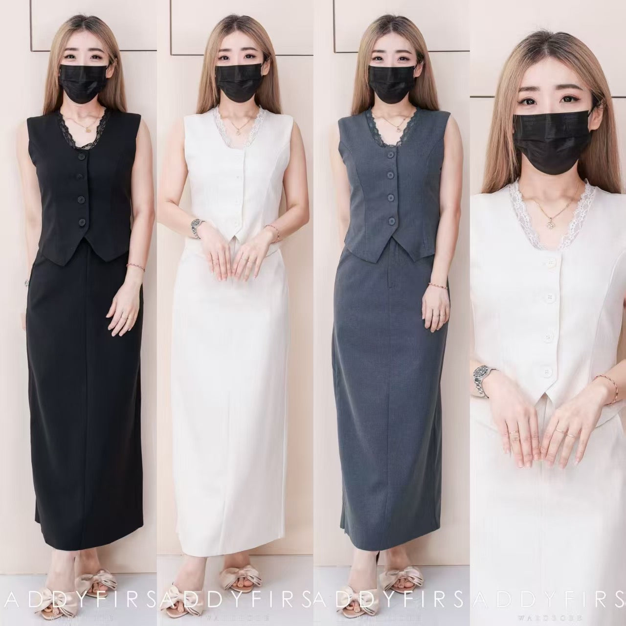 【SS2479】高品质两件式韩系高端气质马甲式套装 马甲式上衣➕侧边拉链开叉设计高腰裙子，有口袋 ❤️❤️