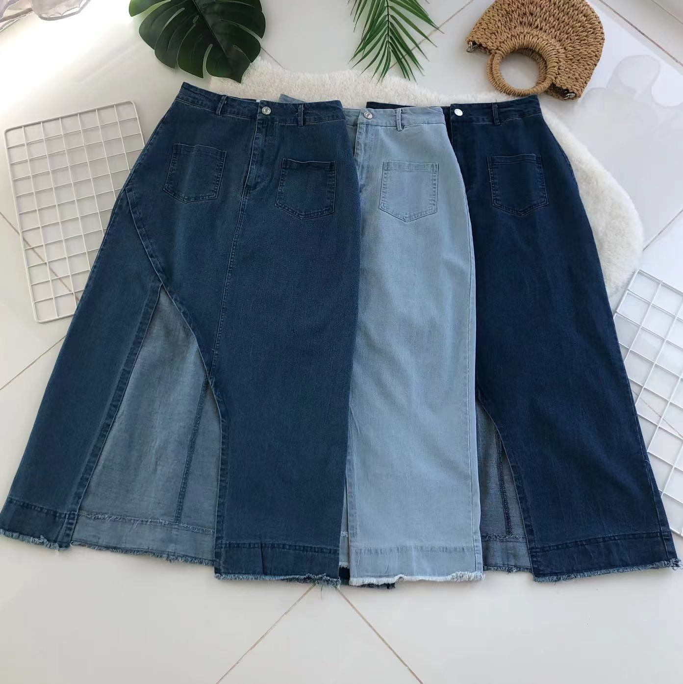 【L97541】高品质韩版弹力牛仔斜边开叉设计中长款高腰百搭裙子，有口袋 ❤️❤️
