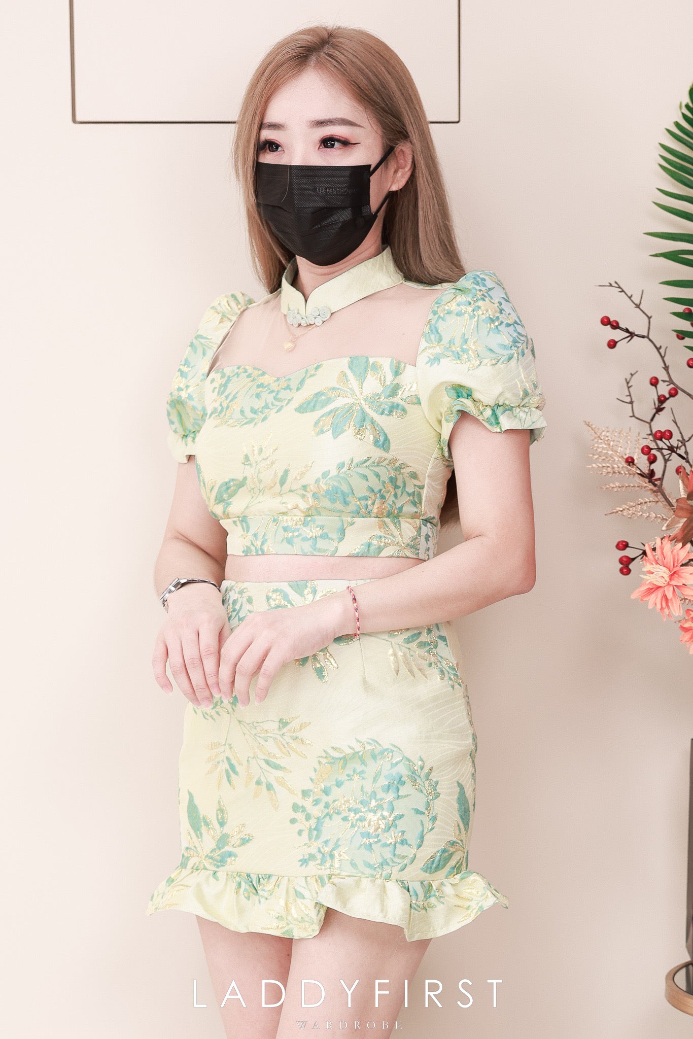 【SS3386-2】【LFW独家小圆饼】高品质两件式提花旗袍套装 泡泡袖提花拼接网纱旗袍上衣➕荷叶摆提花高腰裙子，内层有里布短裤 ❤️❤️