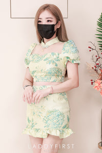 【SS3386-2】【LFW独家小圆饼】高品质两件式提花旗袍套装 泡泡袖提花拼接网纱旗袍上衣➕荷叶摆提花高腰裙子，内层有里布短裤 ❤️❤️