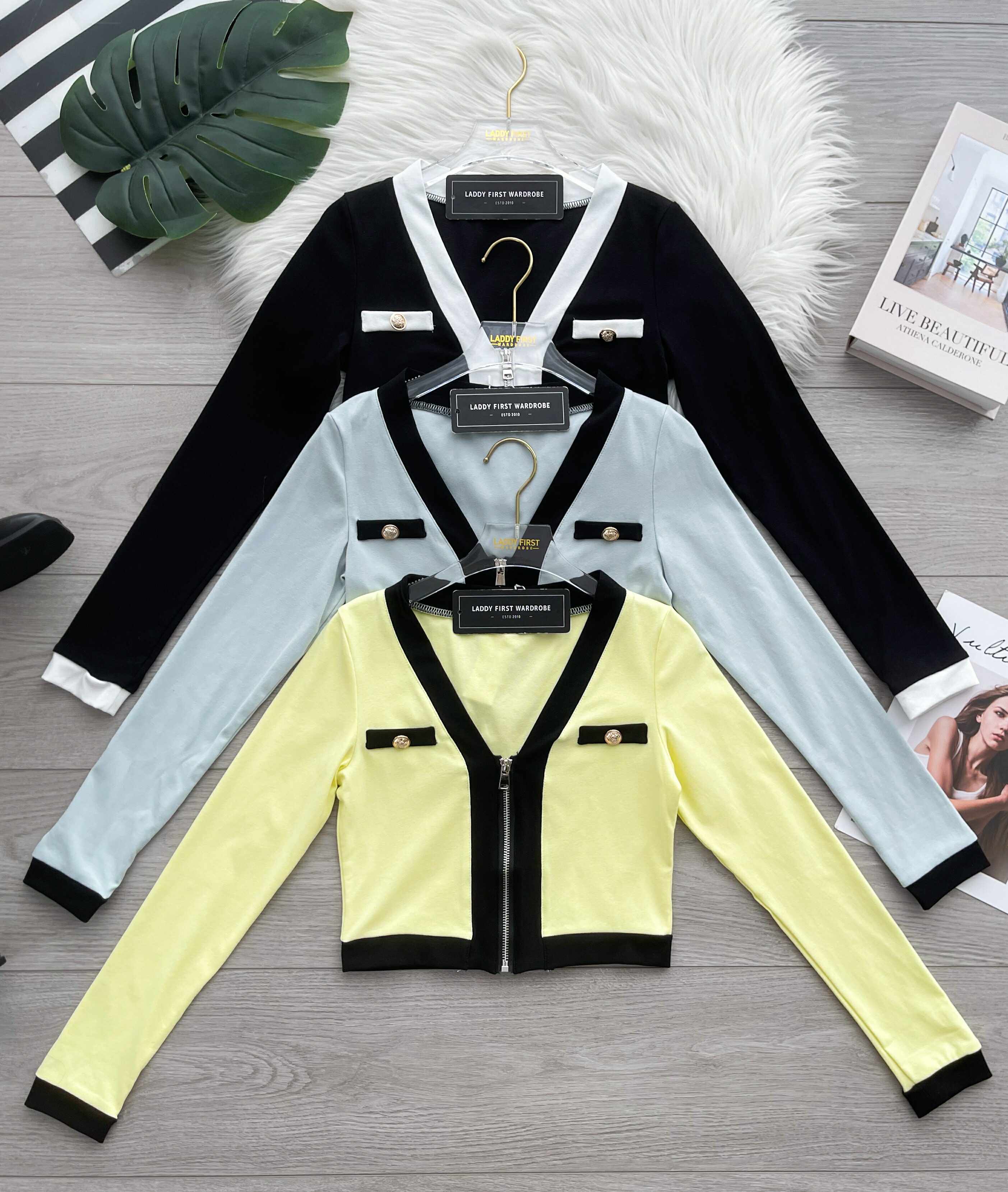 【T14383 / 3398】高品质V领撞色边纯棉弹力拉链长袖百搭上衣外套 ❤❤
