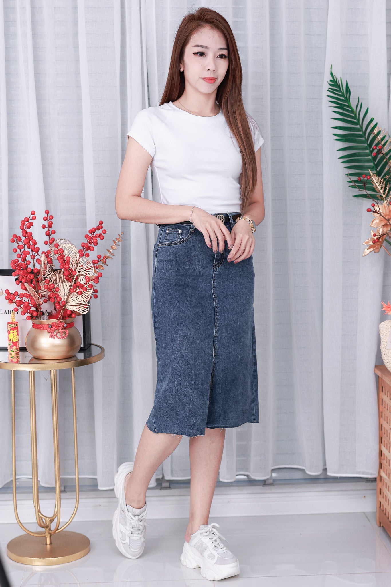 【L765】高品质COTTON JEANS牛仔弹力韩版七分高腰开叉裙子，有口袋 ❤️❤️