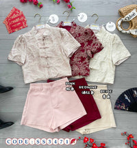 【SS3471】【LFW独家小圆饼】高品质两件式高端气质时尚提花旗袍套装 立领短袖盘扣提花旗袍上衣➕西装高腰百搭短裤，有口袋 ❤️❤️ 【D-R1-C5】