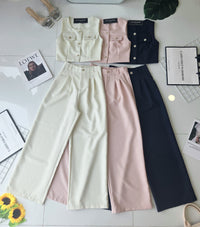 【SS21855 / 18678】高品质欧美式高级感小香风时尚套装 翻领无袖小香风上衣➕小香风阔脚高腰长裤，后副有伸缩弹力有口袋 ❤️❤️【D-R1-C1】