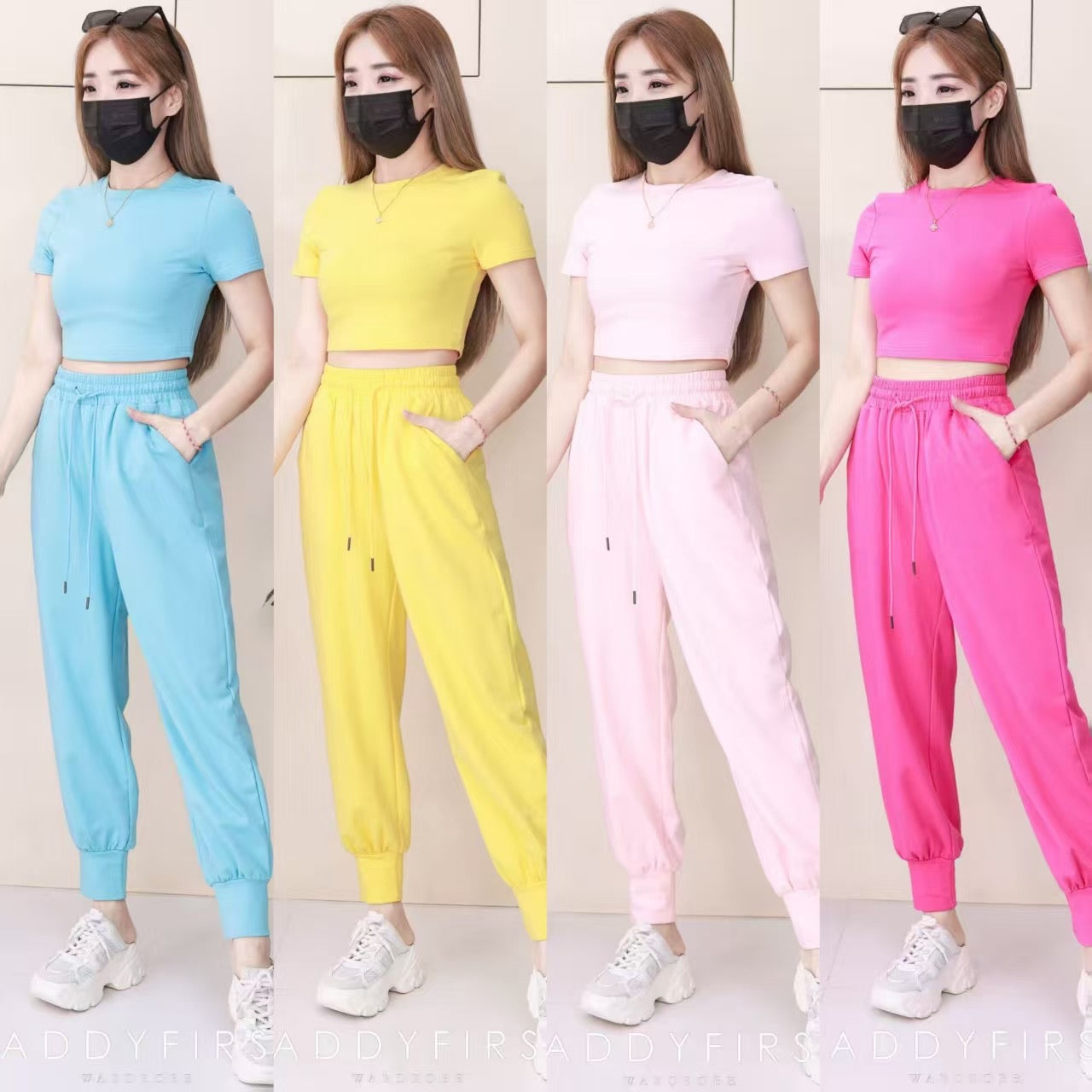 【SS3536】独家爆款高品质两件式多巴胺卫衣绵气质简约休闲套装 圆领短袖短版百搭上衣➕抽绳松紧弹力高腰百搭长裤，有口袋 ❤️❤️